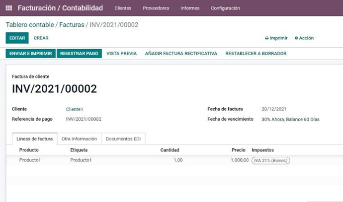 Interfaz de Facturas y contabilidad en Odoo