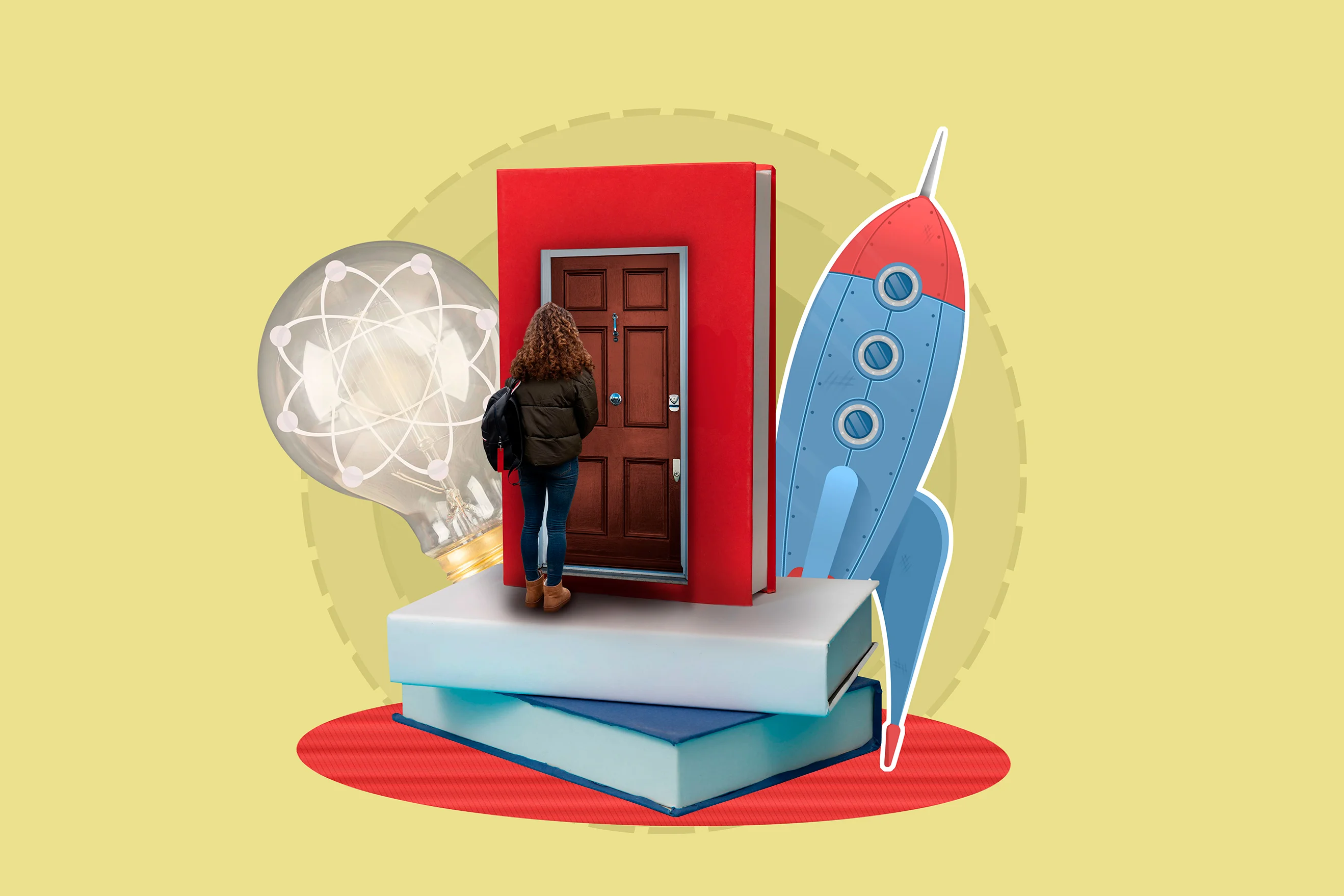 Estudiante mujer en una  puerta con libros 